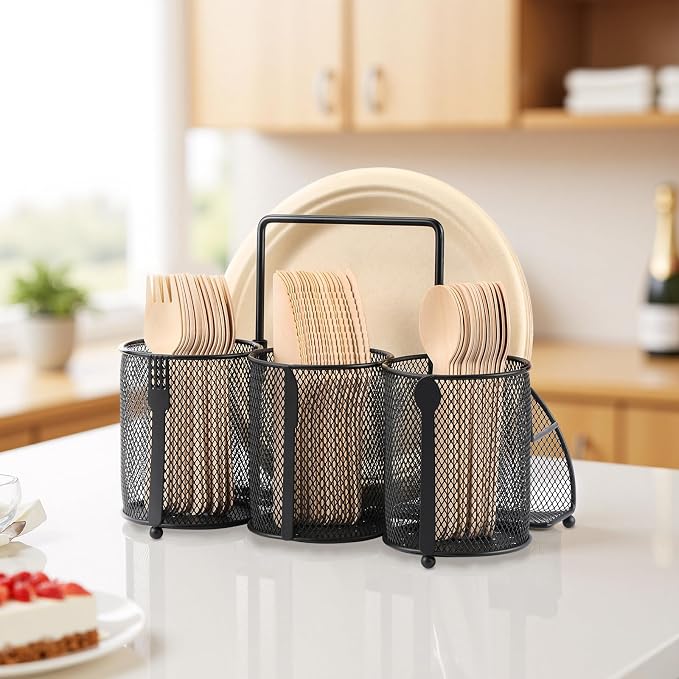 Metal Utensil Caddy Silverware Holder, Paper Plate Holder Cutlery Container - Image 3