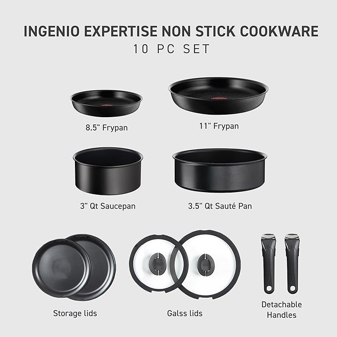 T-fal Ingenio Expertise Non Stick Cookware Set 10 Piece, Oven Broiler Safe 500F - Image 2