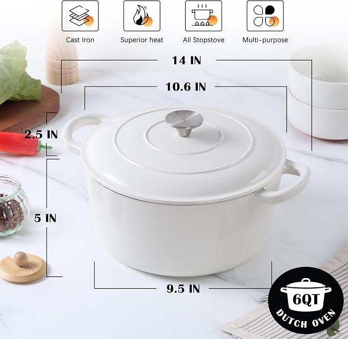 E-far Enameled Dutch Oven Pot for Bread Baking, 6QT Enameled Cast Iron Cookware - Image 2