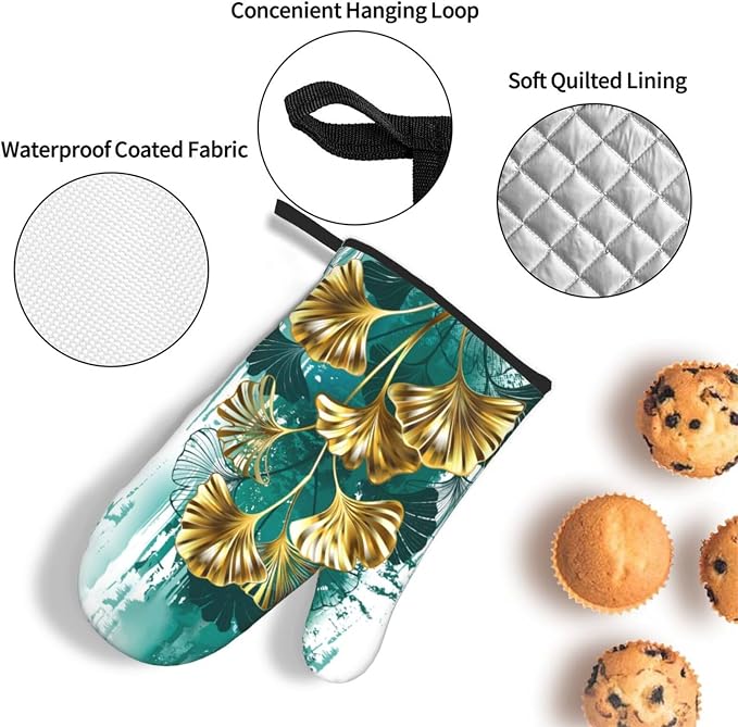 Teal Gold Green Leaves Oven Mitts and Pot Holders Set Heat Resistant Non Slip - Image 5