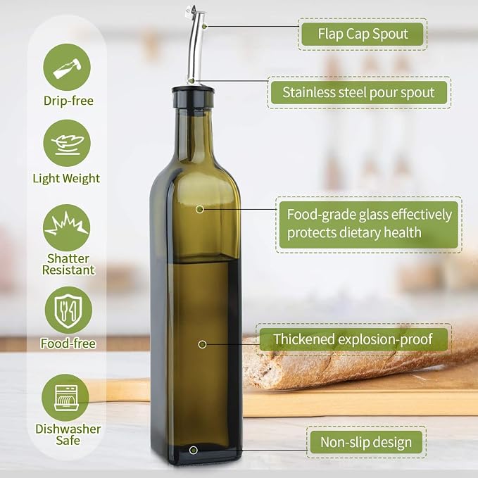 2-Pack Olive Oil Dispenser Bottle Set - 17oz/500ml Dark Green Glass Oil and - Image 3
