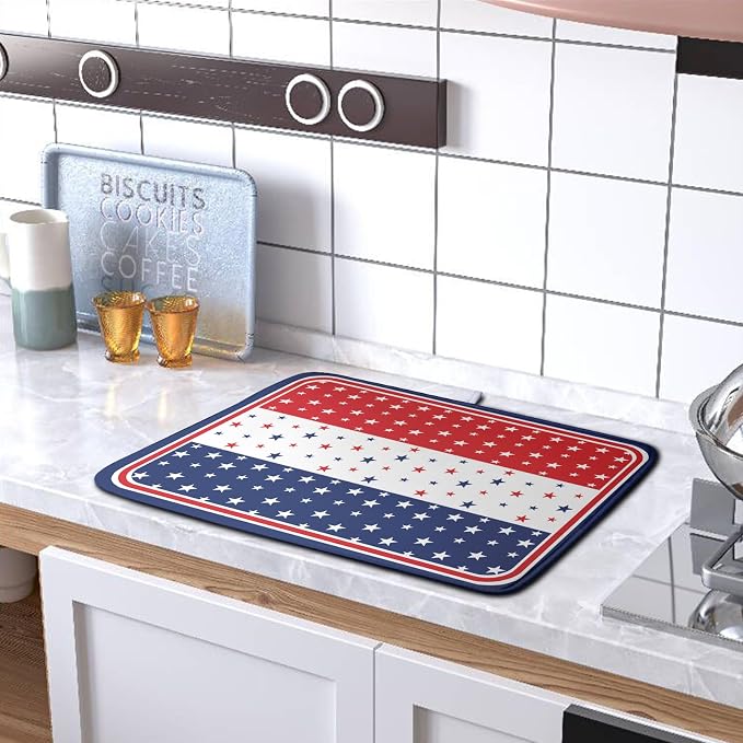 4th of July Dish Drying Mat for Kitchen Counter Patriotic Red White Blue Stars - Image 5
