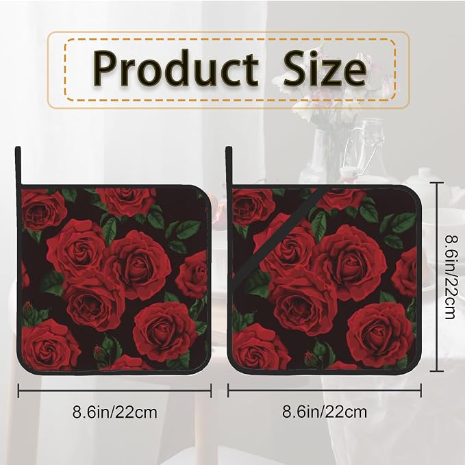 Vintage Red Rose Pot Holder Set of 2, Heat Resistant Potholders Oven Hot Pads - Image 2