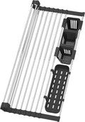 Black Expandable Roll Up Dish Drying Rack Up to 22.8''with 2 Storage Baskets by BBXTYLY