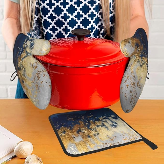 Blue and Gold Watercolor Abstract Oven Mitts and Pot Holder Sets of 3, Non-Slip - Image 3