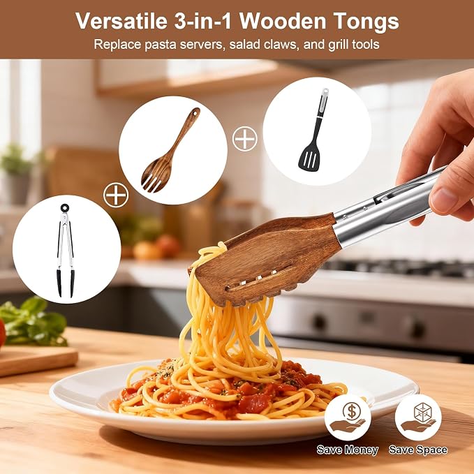2 Pack 3-in-1 Wooden Tongs for Cooking Natural Walnut Wood kitchen Tongs - Image 2