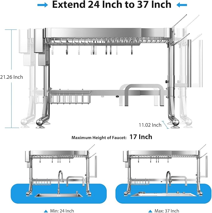 Over The Sink Dish Drainer Drying Rack, 2 Tier Adjustable Width 304 Stainless - Image 2