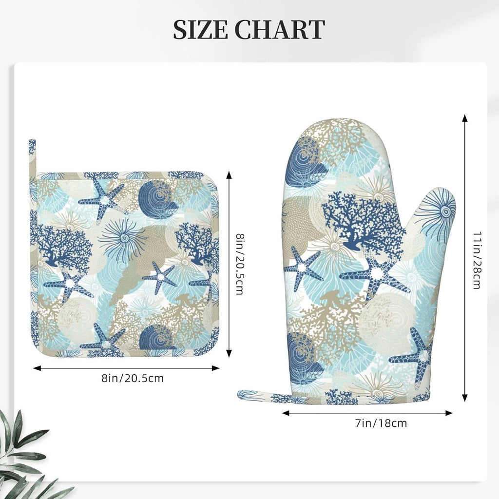 Nautical Coastal Oven Mitts and Pot Holders Set of 4 Silicone Starfish