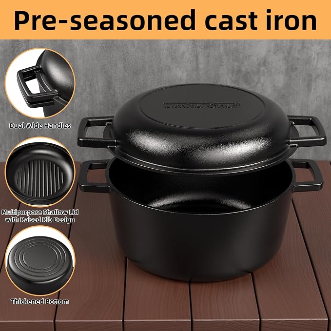 2-in-1 Pre-Seasoned Cast Iron Double Dutch Oven Pot - Image 8