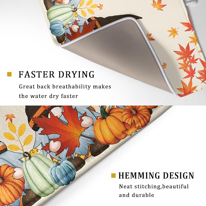 Fall Gnome Dish Drying Mat for Kitchen Counter Autumn Pumpkin Maple Leaves - Image 3