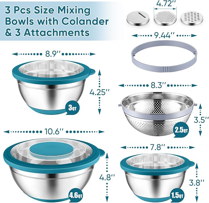 P&P CHEF Mixing Bowls with Lids Set of 3, Stainless Steel Mixing Bowl and - Image 2