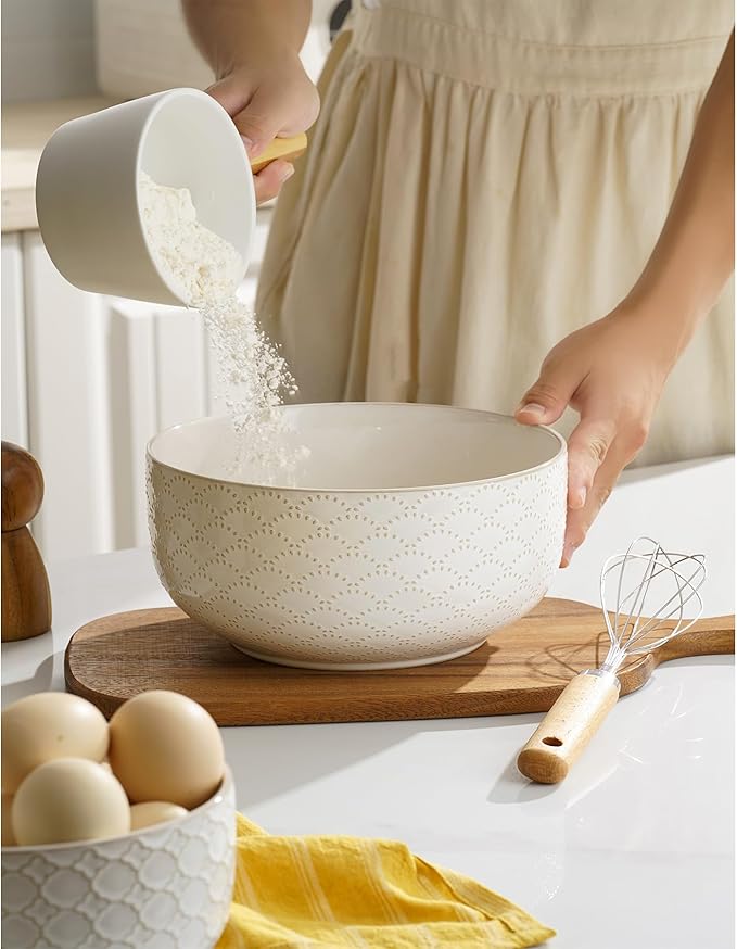 Mikiegy Ceramic Mixing Bowls Set of 4, Nesting Ceramic Embossment Stoneware - Image 6