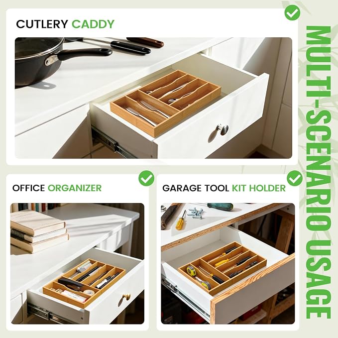 Bamboo Silverware Organizer, Bamboo Kitchen Drawer Cutlery Organizer, Utensil - Image 5
