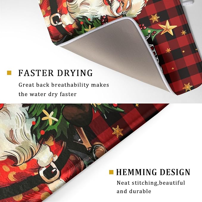 Merry Christmas Santa Claus Red Buffalo Plaid Dish Drying Mat - Image 3