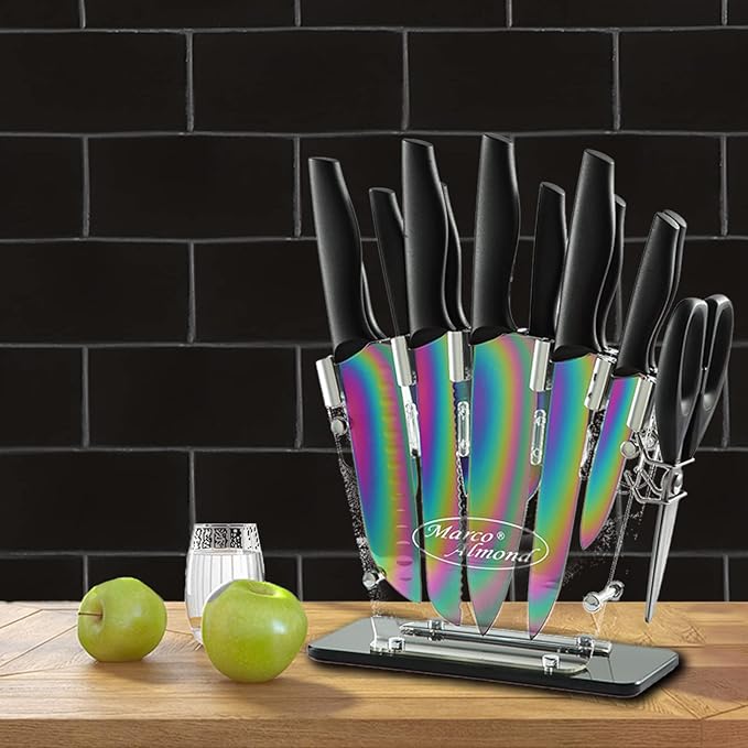 Marco Almond® Knife Block Set, 14-Piece Rainbow Color Stainless Steel Knife Sets - Image 6