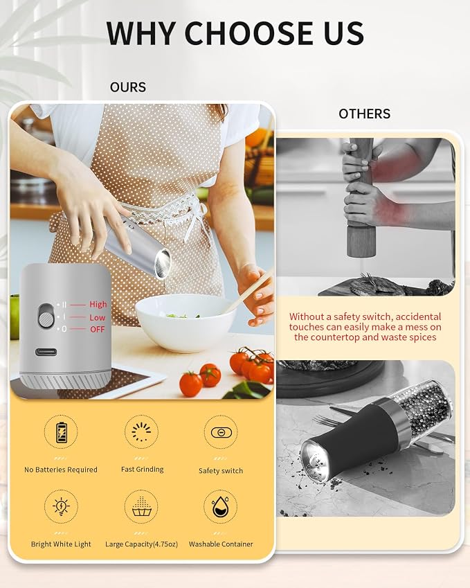 CIRCLE JOY 2-Speed Gravity Electric Pepper Grinder, Rechargeable Salt Grinder - Image 2