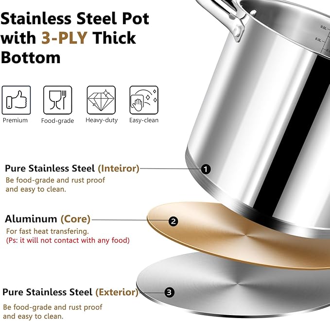 P&P CHEF 10 QT Stock Pot with Lid, Stainless Steel Large Cooking Pot, Soup - Image 4