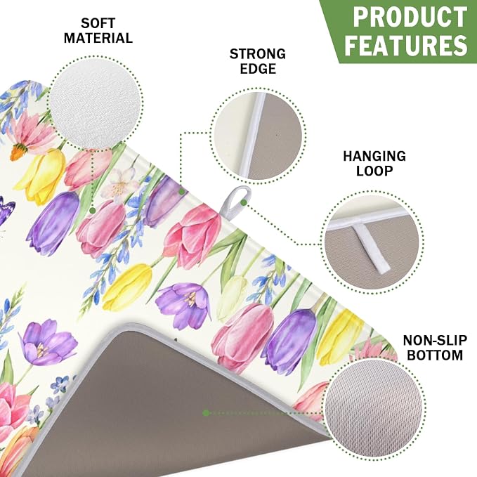 Spring Floral Dish Drying Mat for Kitchen Counter Easter Tulip Lavender Flower - Image 3