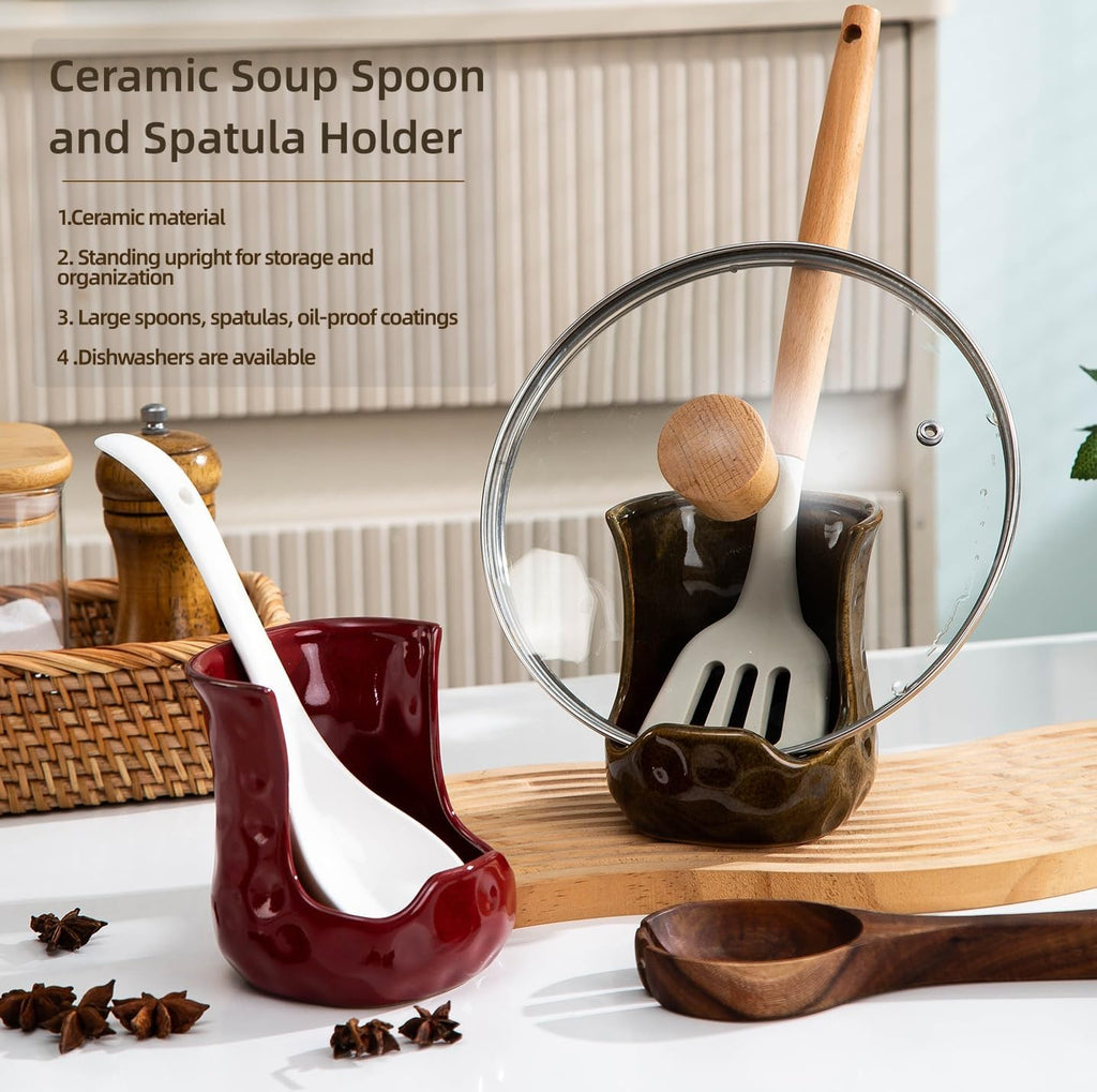 [HengYuhating] Ceramic Spoon Rest & Pot Lid Holder for Stove Top (Red)