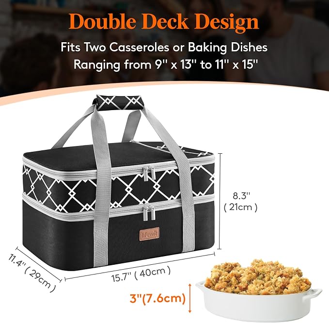 Lifewit Insulated Double Decker Casserole Carrier, Lasagna Lugger Holder - Image 2