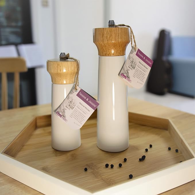 White Salt Grinder Wooden Pepper 8"+6" Salt Grinder Set Pepper Mill Salt & - Image 2