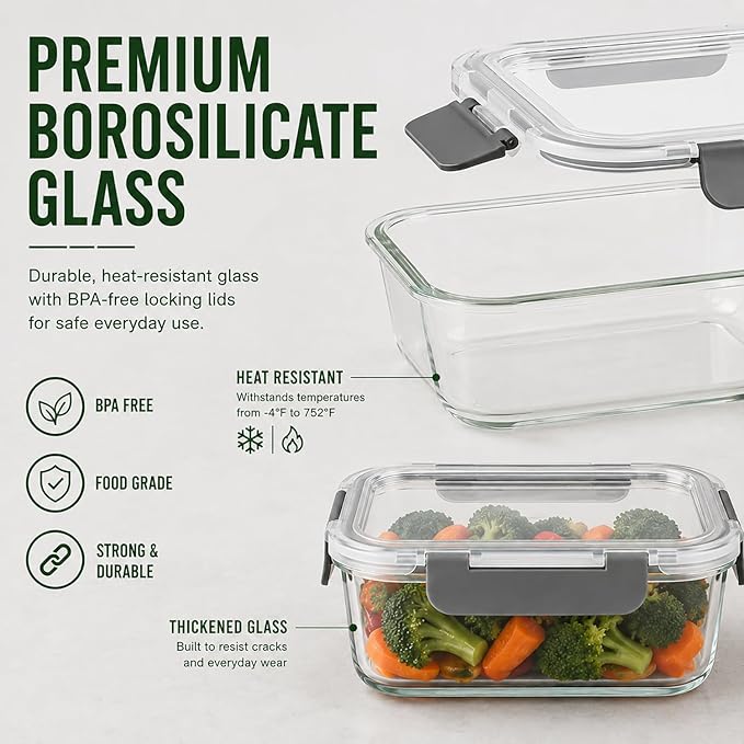 5 Pack 36oz Borosilicate Glass Food Storage Containers Set - Image 4
