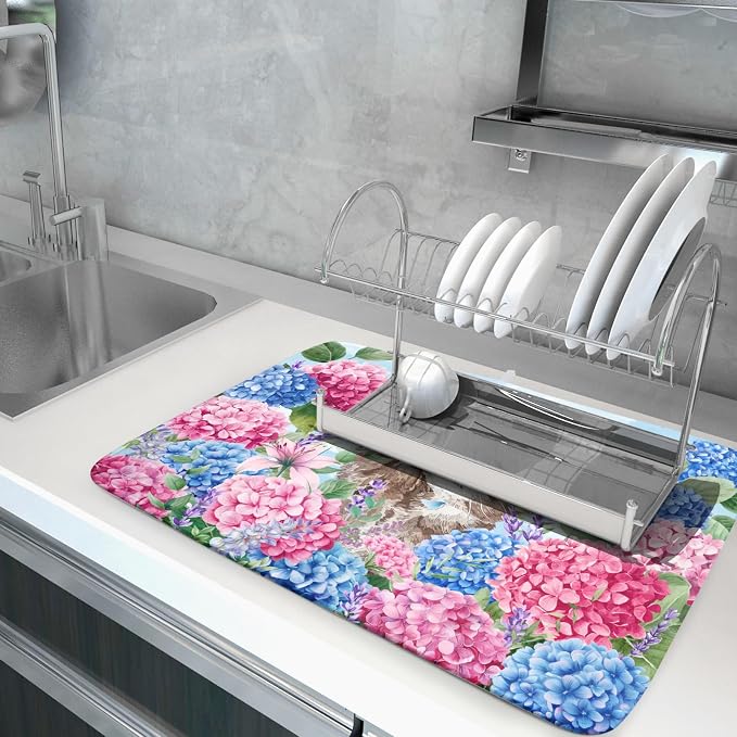 Cute Cat Dish Drying Mats for Kitchen Counter Hydrangea Floral Absorbent Drying - Image 5