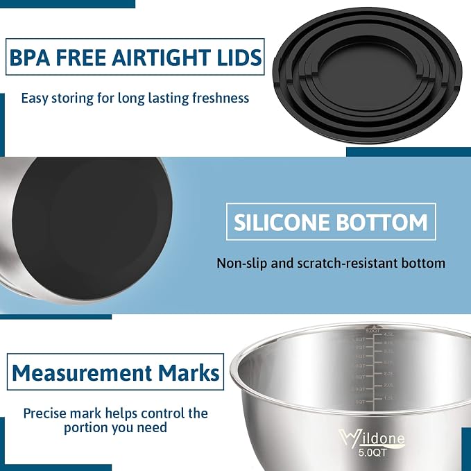 Wildone Mixing Bowls with Airtight Lids, Stainless Steel Nesting Mixing Bowls - Image 3