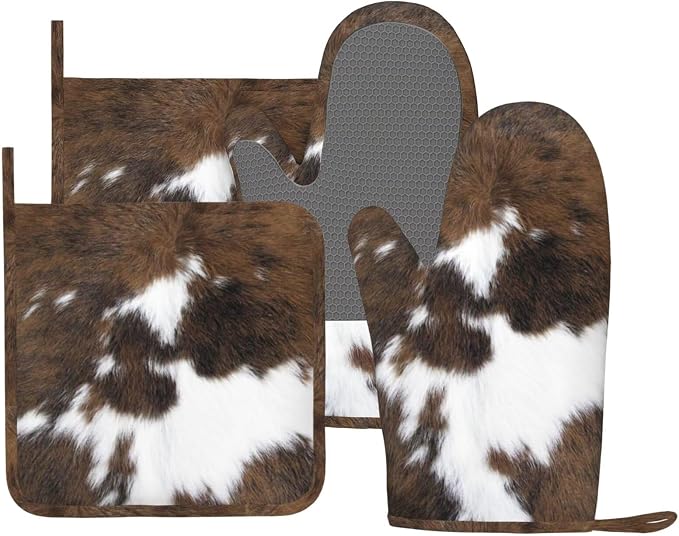 Cow Print Oven Mitts and Pot Holders Set of 4 Silicone Brown Cowhide Kitchen by BOKEKANG