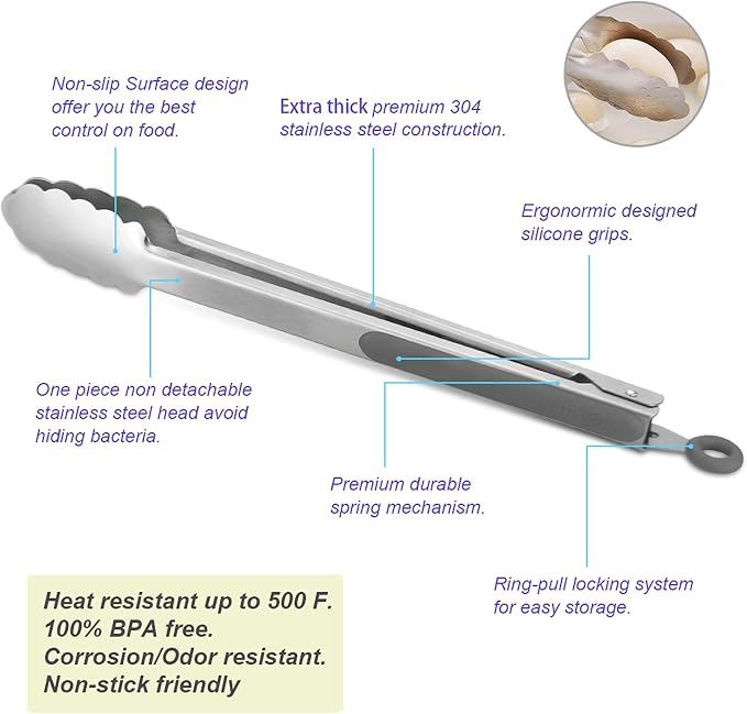Premium 304 Stainless Steel Tongs Set – 12" Grill Tongs & 9" Cooking Tongs - Image 5