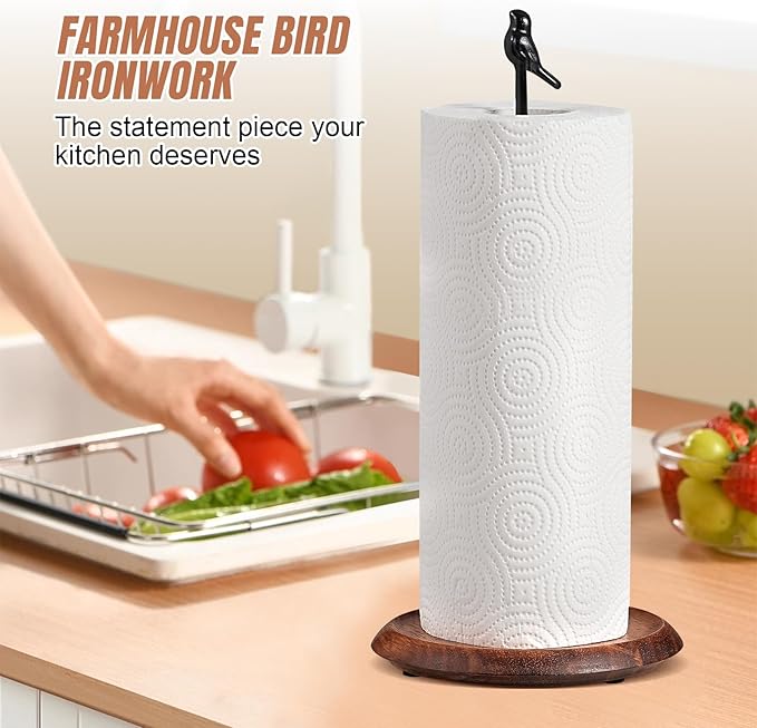 Wooden Paper Towel Holder countertop, Stylish Bird Shaped, Solid Wood Base&Iron - Image 2