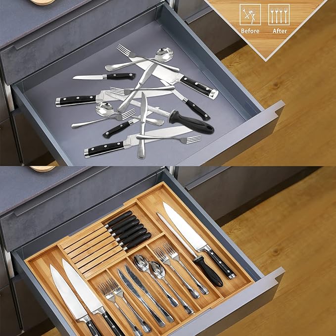 VaeFae Bamboo Silverware Drawer Organizer Kitchen, Expandable Utensil Organizer - Image 5