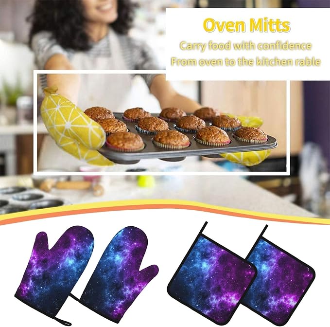 Cool Blue Purple Galaxy Oven Mitts and Pot Holders Sets of 4, Heat Resistant - Image 7