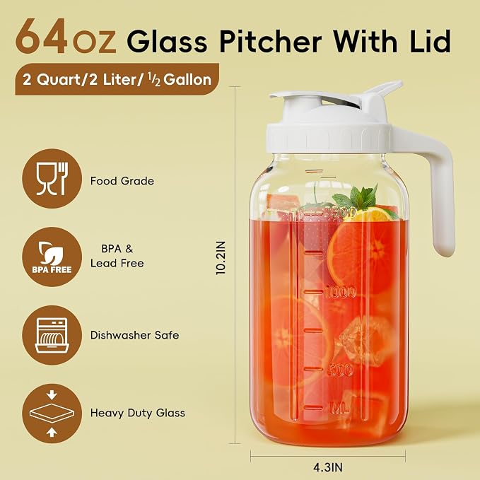 Glass Mason Jar Pitcher, 64 oz Wide Mouth Jug - Image 2