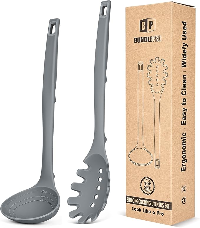 Silicone Pasta Fork and Soup Ladle Set, Heat Resistant Non Stick Kitchen by BUNDLEPRO