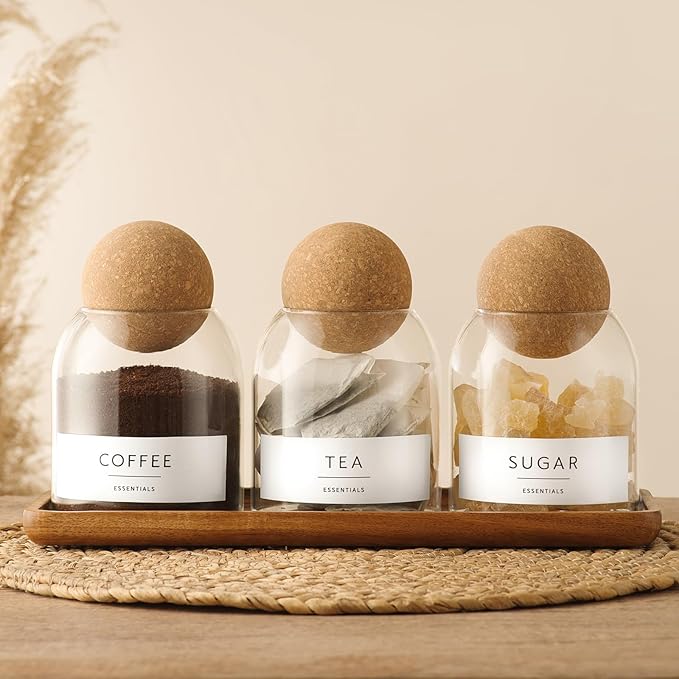 Glass Jars with Cork Lids, 3 Pack Small Decorative Jars with Acacia Tray - Image 2