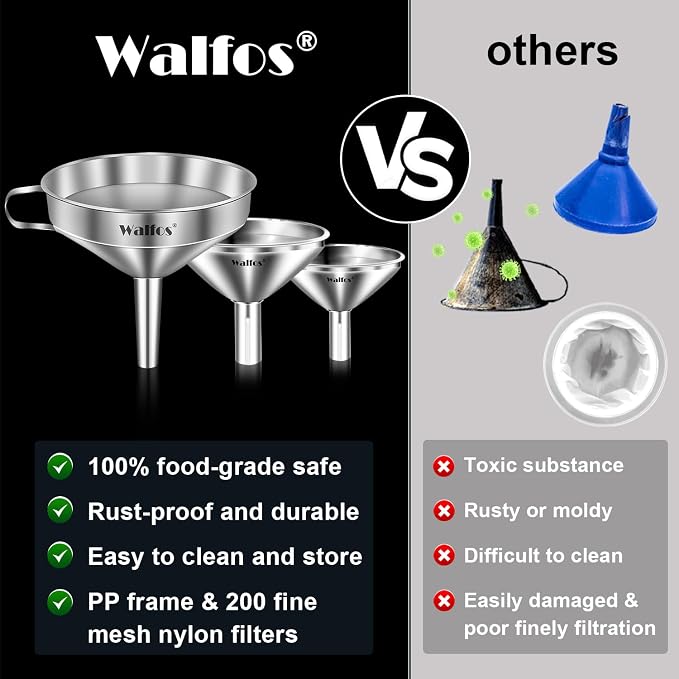 Stainless Steel Funnel, Walfos 4 Pack(4in、3 in、2.2 in、1.7in Kitchen Funnel - Image 5