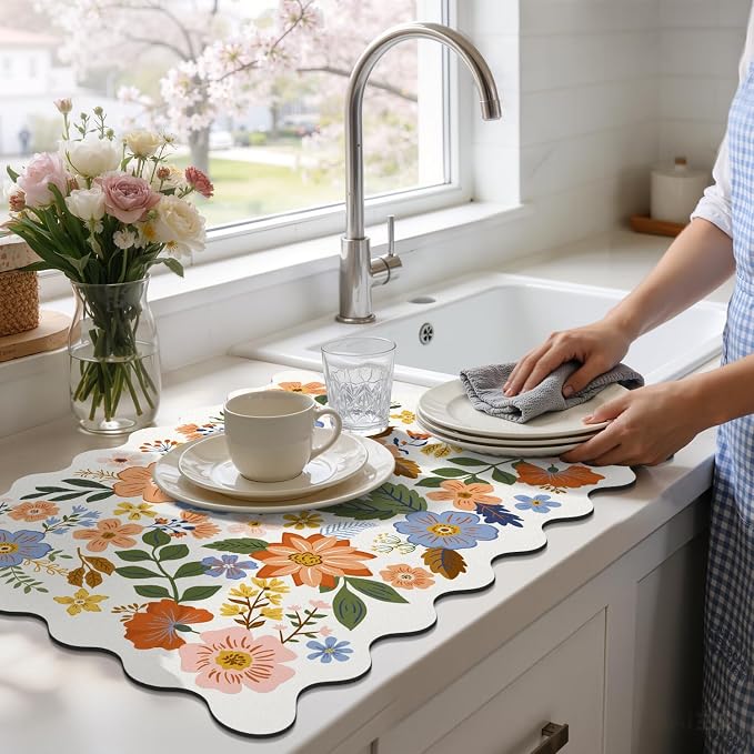 LOKHOM Scalloped Floral Dish Drying Mat, Cuttable Hide Stain Non-slip Drying Mat - Image 8