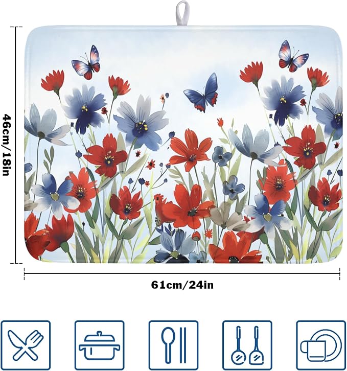 4th of July Dish Drying Mat for Kitchen Counter 18 x 24 Inch Patriotic Floral - Image 2