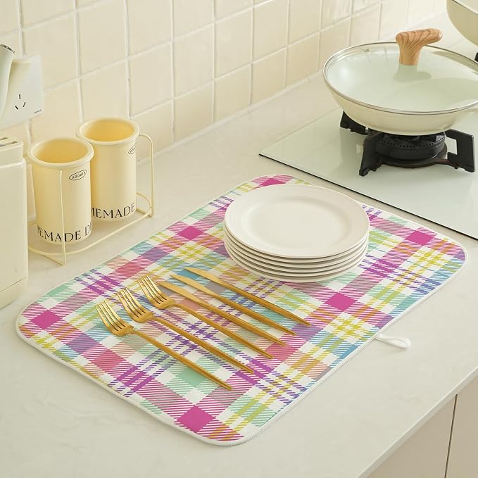 Easter Checkered Dish Drying Mat 18x24 Inch Colorful Buffalo Plaid Drying Mat - Image 4