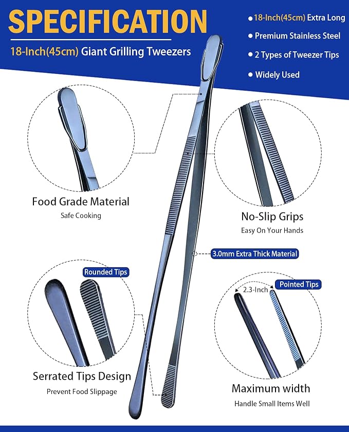 JETKONG 2 Pcs 18 Inch Stainless Steel Grill Tongs Heavy Duty Giant Tweezer Tongs - Image 2