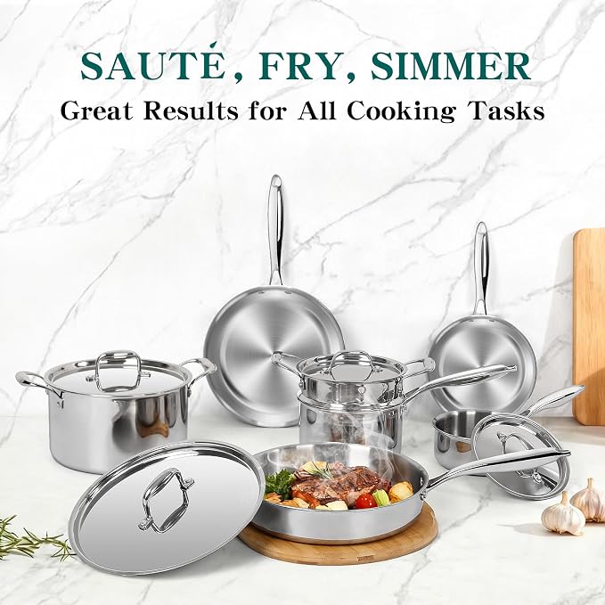 EWFEN Pots and Pans Set, 3 Ply 11 Piece Stainless Steel Cookware Set, Oven - Image 6