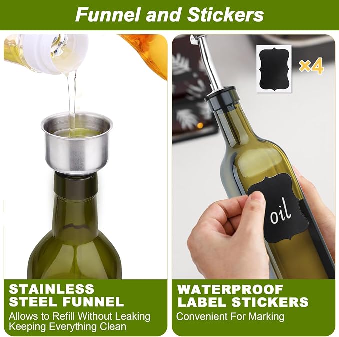 2-Pack Olive Oil Dispenser Bottle Set - 17oz/500ml Dark Green Glass Oil and - Image 6