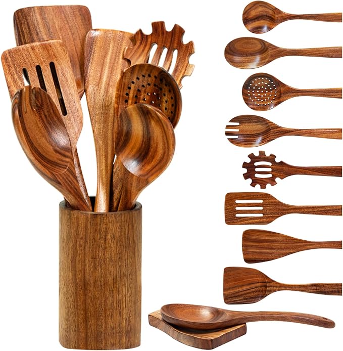 Wooden Spoons for Cooking, Natural Teak Wooden Utensils Set, 10 Piece Handmade by Vorisebo