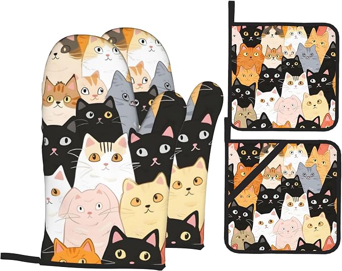 Cute Cats Oven Mitts with Matching Potholders by Unknown