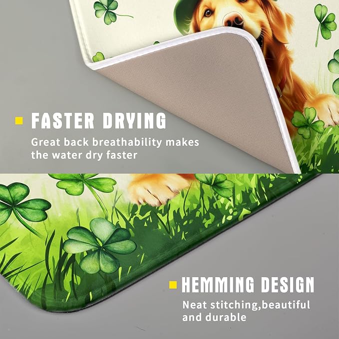 St Patrick's Day Dog Dish Drying Mat 16x18 inch Green Shamrock Dishes Pad - Image 3