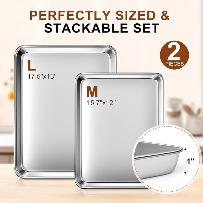 Baking Sheet Set of 2, Commercial Grade Stainless Steel Cookie Sheets - Image 2