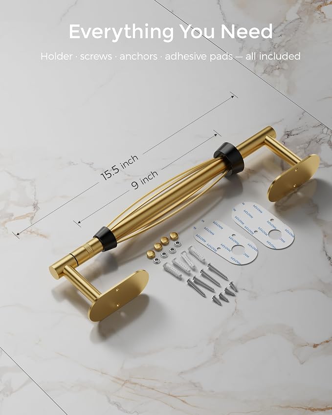 Gold Paper Towel Holder Under Cabinet, Self Adhesive or Wall Mount - Image 8