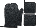 Victorian Gothic Black Skull Damask Oven Mitts and Pot Holders Sets of 4 by Nelife