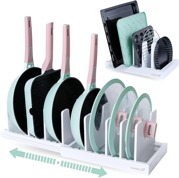 Pots and Pans Organizer under Cabinet, Bamboo Expandable Bakeware and Cutting by cleanclue